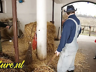 Hairy horse tamer imitate permeated round horse stable for her first time